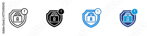 Security Alert Multiple Style Icon Design Vector - Shield with padlock and alert mark indicating data protection warning