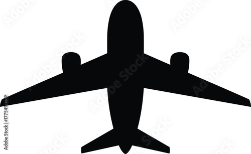 Airplane silhouette, black aircraft icon, aviation travel symbol, commercial jet design, transportation graphic, airline industry illustration, passenger flight concept, vector plane