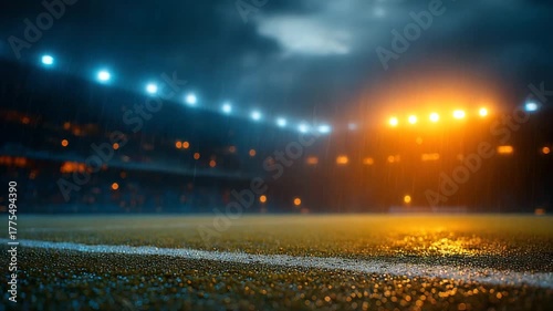 Rain falling on a soccer stadium field at night with dramatic lighting, a thrilling game atmosphere, and sports action in the rain