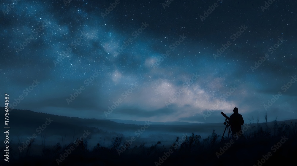 Fototapeta premium A solitary observer with a telescope gazes at the vast Milky Way galaxy under a starry night sky