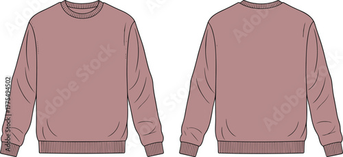 Classic pink crewneck sweatshirt flat sketch, front and back technical fashion illustration template, unisex clothing apparel vector for custom design and mockups