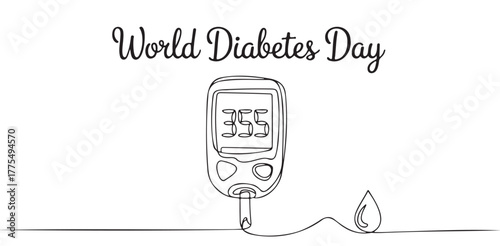 World Diabetes Day illustration continuous line drawing of glucometer and blood drop vector design for awar