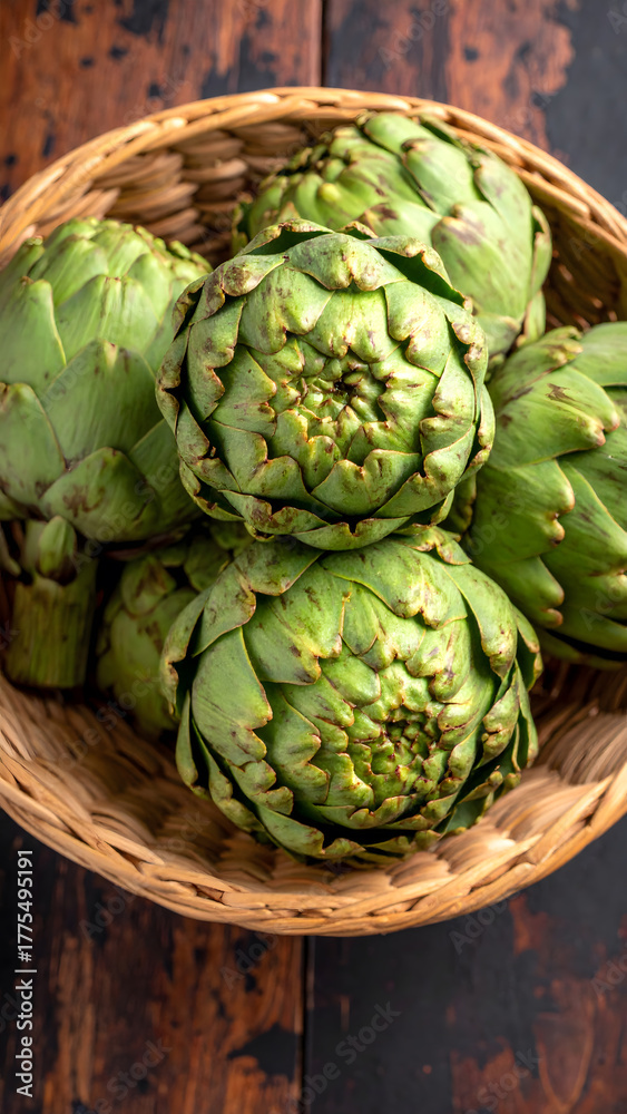 Fototapeta premium Fresh Artichoke Vegetables in Bamboo Dish on Wood Surface