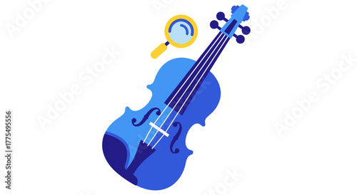 Blue violin with magnifying glass, musical instrument search.