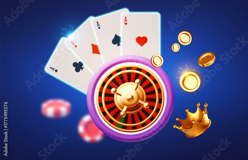 Gambling design. Roulette wheel, playing chips, dice and poker cards. Casino advertising template. Mobile game.