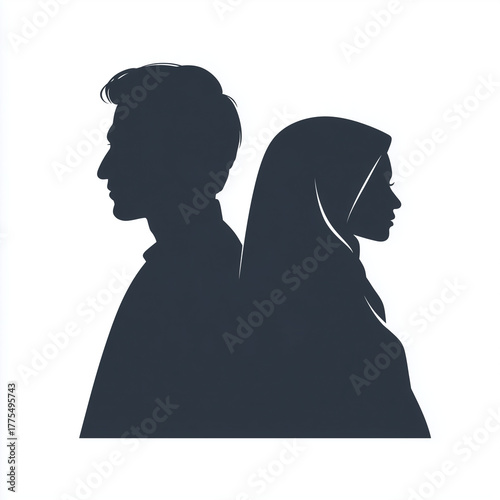 Silhouette of a man and woman back to back with the woman wearing a hijab in a simple vector graphic