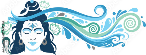 Lord Shiva meditating with flowing Ganga water and lotus flowers.