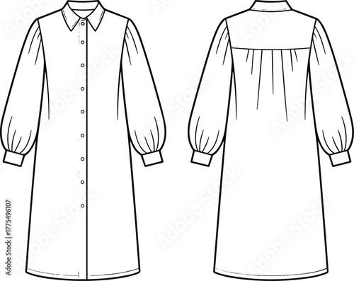 Fashion illustration shirt dress, button down, pointed collar, puff sleeve, gathered yoke, long sleeve, front back view, garment sketch, apparel template
