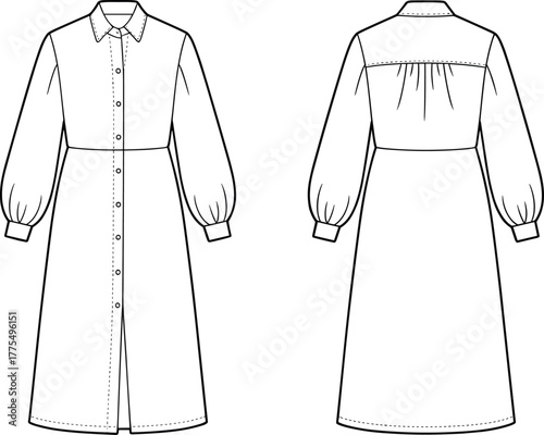 Fashion illustration shirt dress, button down, pointed collar, puff sleeve, gathered yoke, flared skirt, long sleeve, front back view, garment sketch