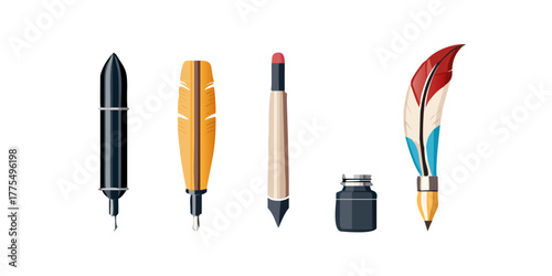 Feather pen, pencil, pen and paintbrush write vector icons set. Write letter. Vector 10 Eps.