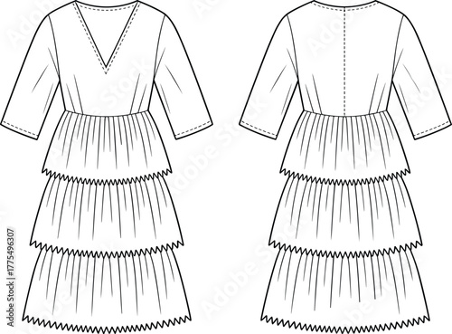 Fashion illustration tiered dress, V neckline, zigzag hem, elbow sleeve, gathered layers, front back view, garment sketch, apparel template, technical drawing
