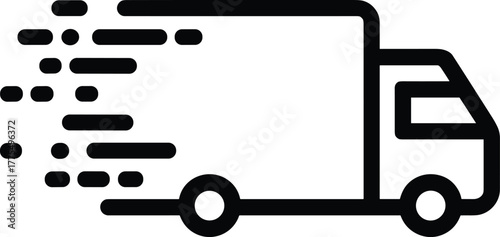 Fast delivery truck icon with motion lines, express shipping, logistics transport, courier service, black outline, speed concept, vector illustration