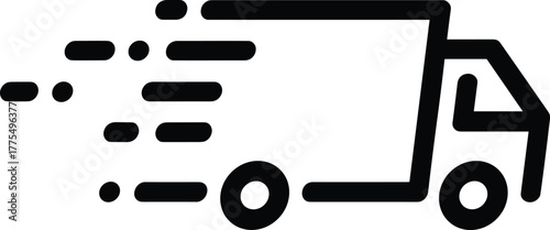 Fast delivery truck icon with motion lines, express shipping, logistics transport, courier service, black silhouette, speed concept, vector illustration