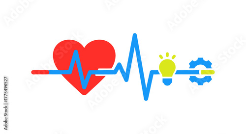 Heartbeat EKG Line with Lightbulb and Gears Symbolizing Health and Innovation.