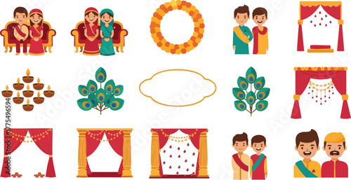 Indian wedding ceremony elements and decorations with traditional attire.
