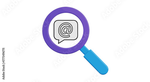 Magnifying glass icon searching for an email address symbol.