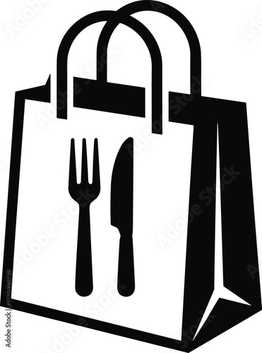 Food delivery bag icon with fork and knife, restaurant takeout packaging, meal service, catering concept, black silhouette vector
