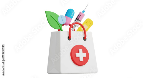 Medical shopping bag with various pharmaceutical supplies and health items.