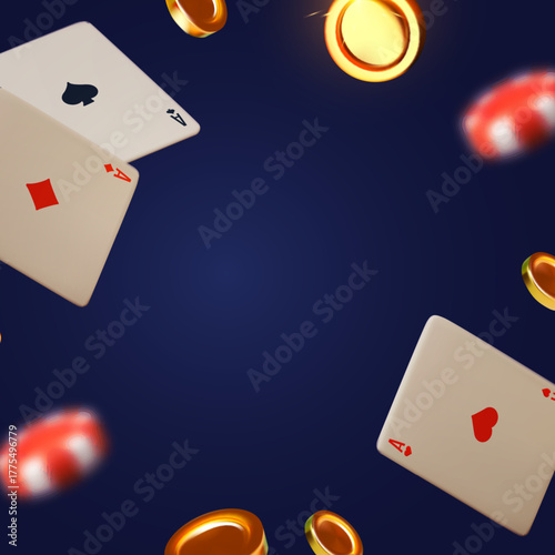 Gambling design. Playing chips, dice and poker cards. Casino advertising template. Mobile game.