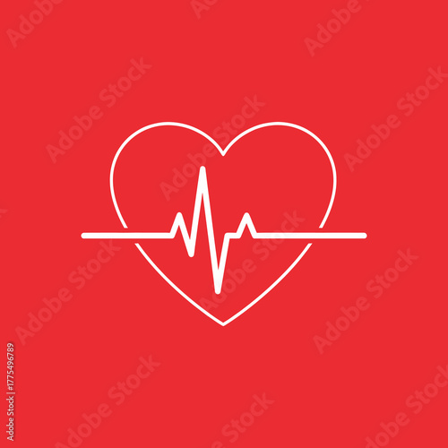Heartbeat pulses through white heart shape on red backdrop representing love, health, and vitality in simple, modern style.