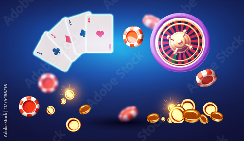 Gambling design. Roulette wheel, playing chips, dice and poker cards. Casino advertising template. Mobile game.