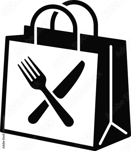 Food delivery bag with fork and knife icon, restaurant takeout packaging, meal service, catering concept, black silhouette, vector illustration