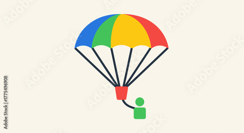 Simple flat design of a parachutist with a rainbow parachute.