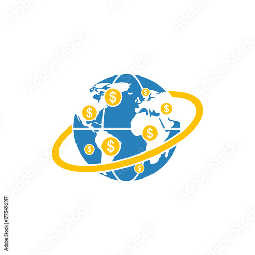 Globe depicting dollar coins orbiting the earth, representing global finance and international business transactions with a modern, clean aesthetic.
