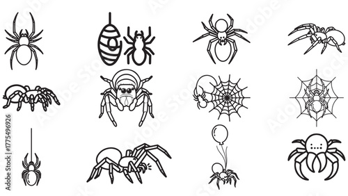 Spider Line Art Stroke Icons In Multiple Poses, Arachnid Web Weaving Outline Vector Sheet For Nature And Education