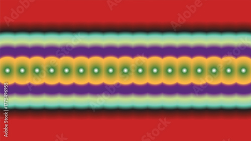 Abstract Geometric Pattern with Vibrant Horizontal Stripes Background. Retro Colorful Optical Illusion Design, green Circles, light blue, black lines on red Background. Blurry gradient wallpaper. 