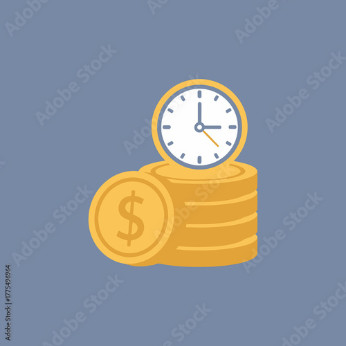Clock rests on stack of gold coins, symbolizing time is money in financial planning and investment, on a light blue surface.