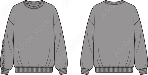 Gray crewneck sweatshirt technical flat sketch, front and back view, long sleeve pullover, unisex blank apparel template, ribbed cuffs hem design
