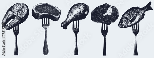 Food on forks, retro xerography halftone engraving black and white surreal culinary art isolated on transparent background