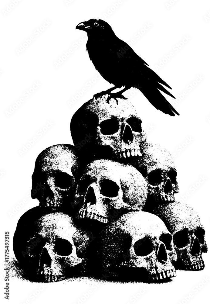 Fototapeta premium Crow on skulls pyramid, retro xerography halftone engraving black and white gothic dark art isolated on transparent background