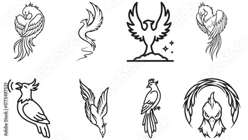 Phoenix Line Art Stroke Icon Set With Rebirth Poses, Fiery Mythical Bird Outline Vector For Logos, Crests And Fantasy Design