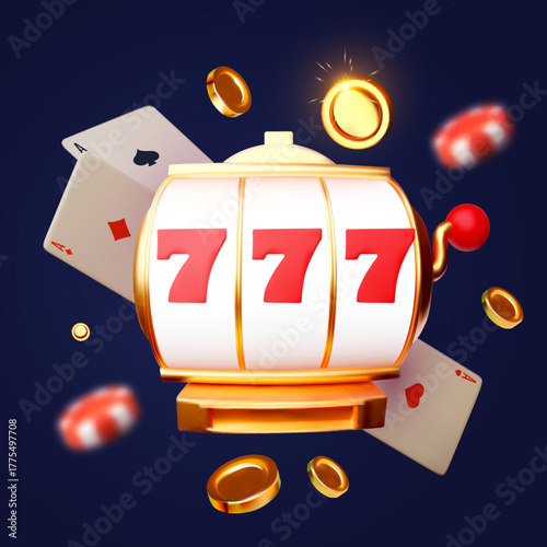 Gambling design. Slot machine, playing chips and poker cards. Casino advertising template. Mobile game