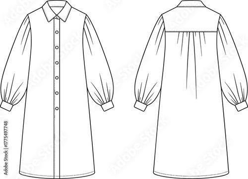 Long sleeve shirt dress front and back view, button down placket, pointed collar, puffed sleeves with cuffs, loose A line silhouette
