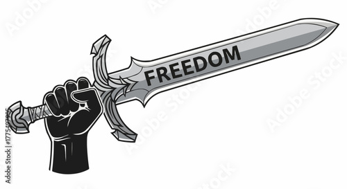 Empowered fist grips sword etched with 'Freedom', a symbol of strength, liberty, and justice, invoking a sense of hope and determination for a brighter future