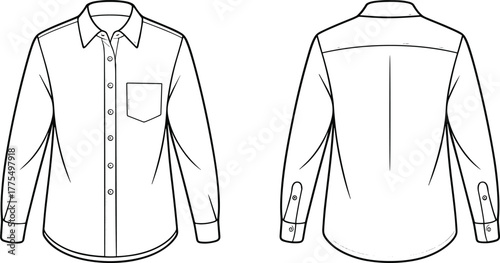 Long sleeve shirt, button-up shirt, fashion sketch, technical illustration, garment design, apparel template, front and back view, collar, cuffs, pleat