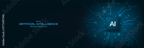 AI, Artificial intelligence logo chipset on circuit board of futuristic technology background. Machine learning, bigdata, and LLM, Vector illustration for banner and web template.