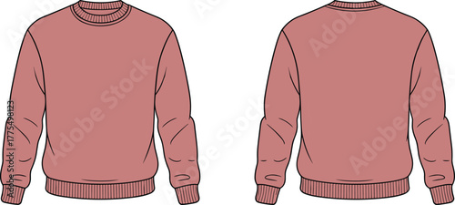Pink men's or women's crew neck sweatshirt flat sketch, front and back technical fashion illustration, casual unisex apparel vector template for mockups