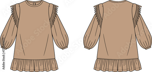 Puff sleeve dress, fashion illustration, technical drawing, garment design, fringe detail, ruffle hem, apparel sketch, front and back view, template