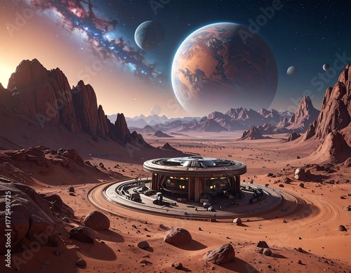Fototapeta Naklejka Na Ścianę i Meble -  A futuristic space station on a desolate red planet, with celestial bodies