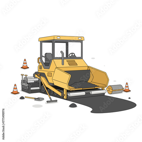 Heavy Yellow Asphalt Paver Lays New Road Surface