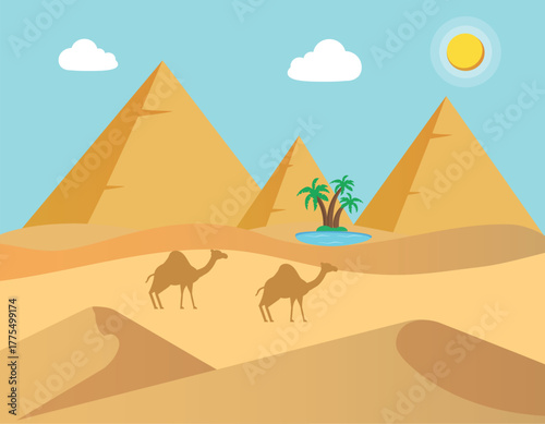 Egypt landscape with caravan and pyramids