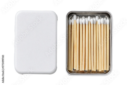 Two rectangular containers; one open, one closed, holding matches