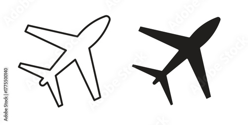 Airplane icon in line design and solid black and white colors for designs