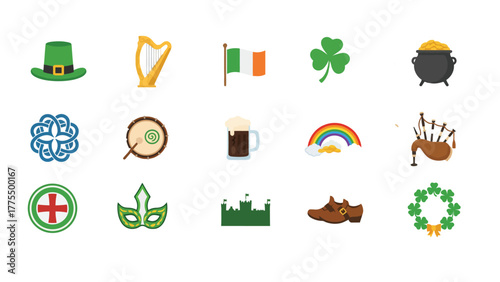 Irish culture icons set with leprechaun hat and pot of gold