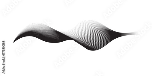 Flowing abstract dots particles wave pattern 3D curve halftone black gradient curve shape isolated on white background simple abstract modern