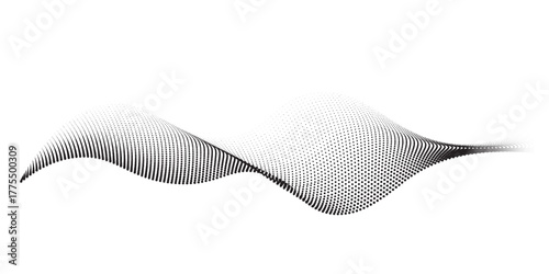 Flowing abstract dots particles wave pattern 3D curve halftone black gradient curve shape isolated on white background simple